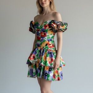 Karen Lucas For Niki Women 10 Vintage Floral Ruffle Dress Hi‎ Low Festival